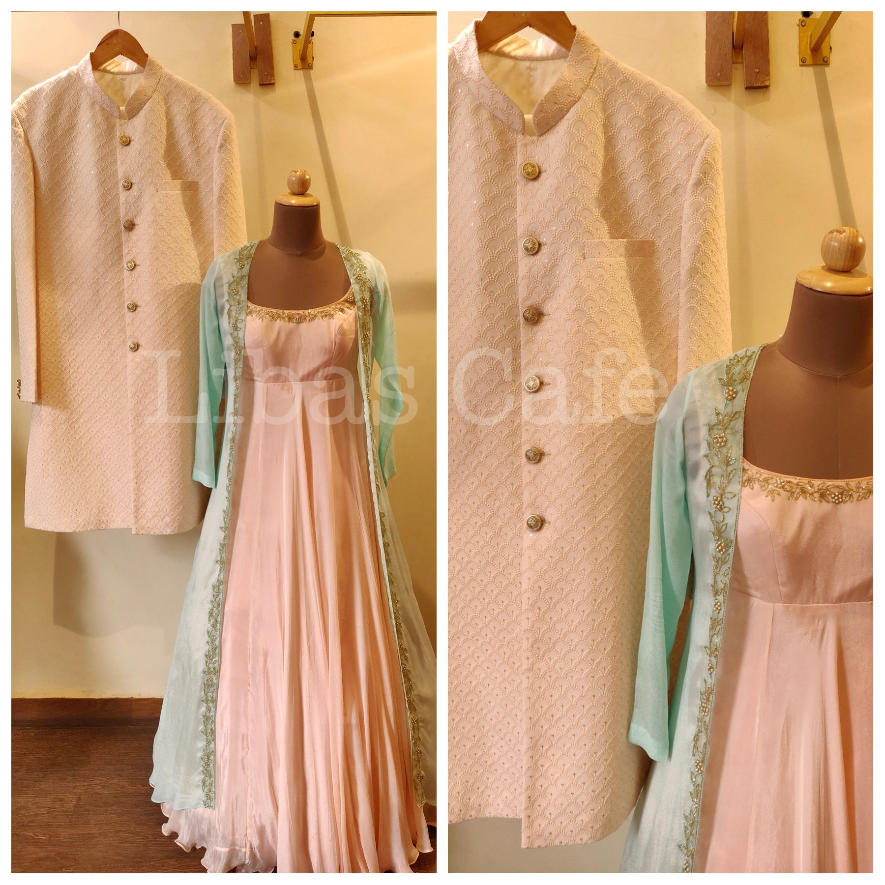 Pastel Sherwani And Cape Gown Set